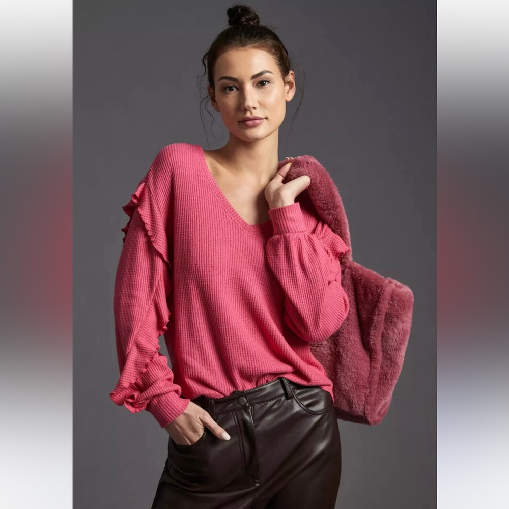 Pilcro Ruffle Sleeve Waffle Knit Top